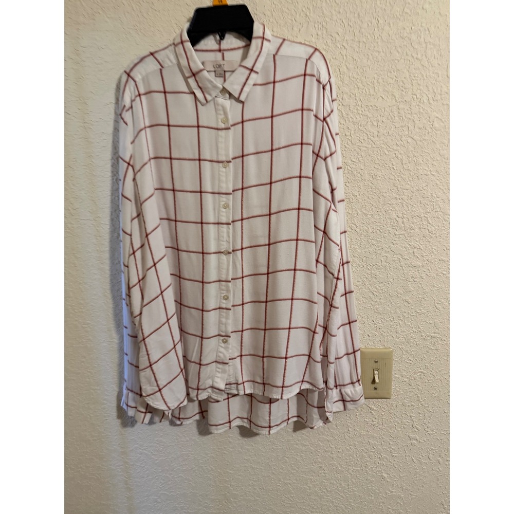 LOFT Womens XL White Red Windowpane Plaid Rayon Button Down Long Sleeve‎ Shirt